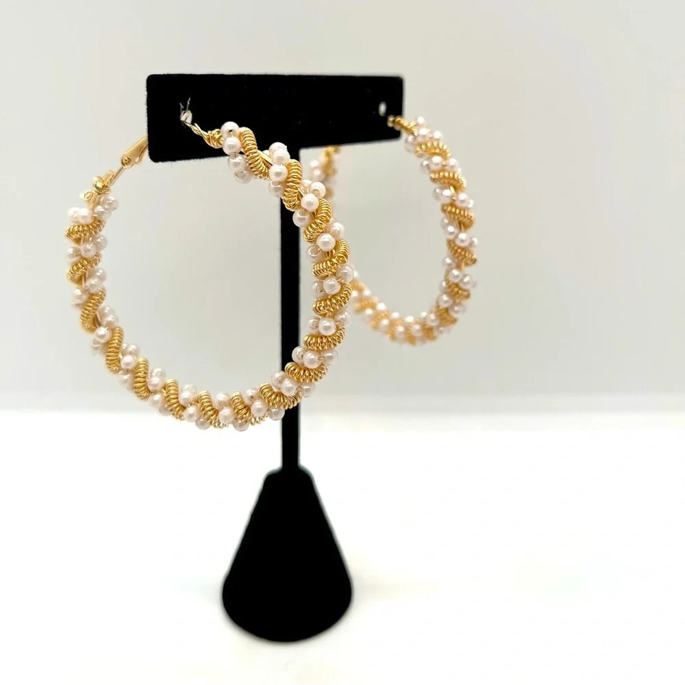 Gold Twisted Pearl Hoop Earrings | Braided Rope Style Elegant
